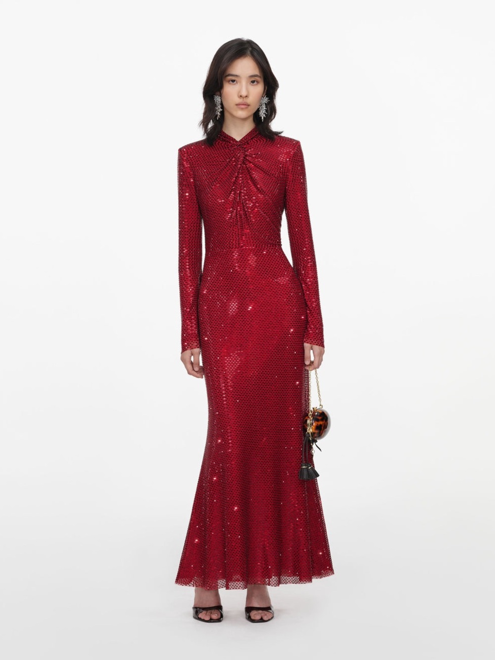 NWOT Self-Portrait Red Rhinestone Mesh Twist Midi Dress, Size US 0/2/4/6/8